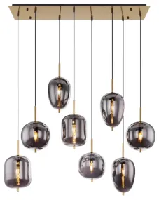 Blacky 102cm Messing loftslampe Fra Globo Lighting - Den 102,5 cm l&aring;nga pendellampan har en rektangul&auml;r m&auml;ssingsf&auml;rgad metallplatta, fr&aring;n denna h&auml;nger &aring;tta svarta kablar med runda, r&ouml;kf&auml;rgade glasglober i olika former.