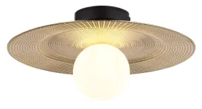 Riga Ø33 Guld plafond Fra Globo Lighting - Lampan &auml;r tillverkad av mattsvart metall och den platta sk&auml;rmen i plast med nyanser av svart, guld och opal ger den en modern och sofistikerad design.