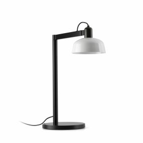 Tatawin 58cm Hvid skrivebordslampe Fra Faro Barcelona - Tatawin er en bordlampe med en sort struktur og en hvid metalsk&aelig;rm, der giver et rettet, fokuseret lys.