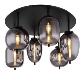 Blacky Ø63 Sort plafond Fra Globo Lighting - Lampan &auml;r utrustad med 6st r&ouml;kf&auml;rgade glaskupor i olika former, som h&auml;nger fr&aring;n taket p&aring; mattsvarta st&auml;nger f&auml;sta vid en matchande bas.