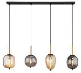 Blacky 110cm Rav loftslampe Fra Globo Lighting - De fyra r&ouml;k- och amberf&auml;rgade glasgloberna i olika former h&auml;nger fr&aring;n en svart, rektangul&auml;r takplatta och kan justeras upp till 120 cm fr&aring;n taket.