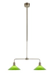 Vela 75cm Messing/grøn Fra Markslöjd - Stilfuld loftlampe i klassisk stil med messingramme og to blanke gr&oslash;nne glassk&aelig;rme.