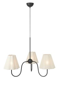 Veya Ø90 Sort Fra Markslöjd - Stor loftlampe med tre bl&oslash;dt buede arme i sort metal med et st&oslash;bejernslook, kombineret med beige linnedsk&aelig;rme, der spreder et varmt og behageligt lys.