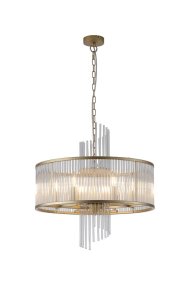 Lara Ø55 Børstet guld krystal Fra Searchlight - Den runde metalramme med børstet guldfinish er udsmykket med klare glasstænger, der ligesom prismer fanger og reflekterer lyset og skaber et blødt og atmosfærisk lysbillede i rummet.
