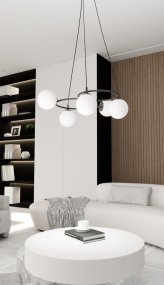 Libra 70cm Hvid loftslampe Fra Emibig Lighting - ringe, der giver et let og harmonisk udtryk, mens de opalglaskupler spreder et bl&aelig;ndfrit og behageligt lys, der skaber en hyggelig atmosf&aelig;re.