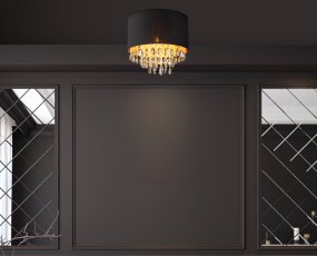 Coletta Ø40 Sort plafond Fra Globo Lighting - Textilsk&auml;rmen med en guldig insida ger ett behagligt sken och i kombination med prismorna som omfamnar ljusk&auml;llan skapas ett vackert ljusspel i rummet n&auml;r lampan &auml;r t&auml;nd.