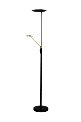 Cadiz Sort/messing gulvlampe Fra Aneta Lighting - Lyset tændes og slukkes med to lysdæmpere på lampen, en der regulerer lyset i toppen og en til læsearmen der også kan justeres.