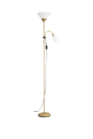 Vigo Messing gulvlampe Fra Aneta Lighting - Metalstellet har en mat messingfinish og suppleres af hvide plastkupler for et lyst og tidl&oslash;st udtryk.