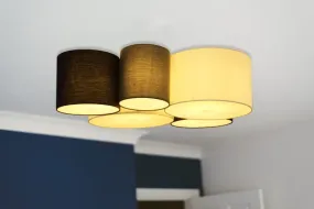 Makki 90cm Flerfarvet plafond Fra Globo Lighting - Lampan har en unik design med fem cylindriska textilsk&auml;rmar i olika storlekar, varav tv&aring; &auml;r vita, tv&aring; svarta och en gr&aring;.