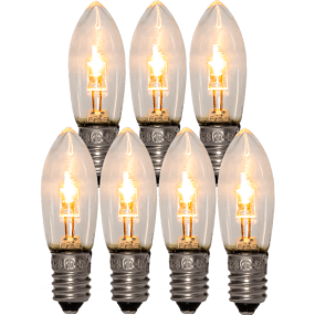 E10 LED 0,5W 10-55V 7-pk Fra Star Trading - 7-pak reservepærer med LED, klart glas, E10-fatning og 10-55V.