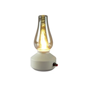 Genopladelig bordlampe 25cm Hvid bærbar Fra Konstsmide - Lampen er lavet af metal og glas med en hvid lampebase og en praktisk lysdæmper, der gør det nemt at justere det varme hvide, atmosfæriske lys.