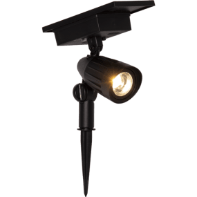 Powerspot Sort solcellelampe Fra Star Trading - Funktionel solcellelampe med b&aring;de varmt hvidt lys og 5 stilfulde farver, pink, bl&aring;, gr&oslash;n, gul og r&oslash;d, som v&aelig;lges ved tryk p&aring; knappen.