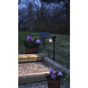 Powerspot Sort solcellelampe Fra Star Trading - Spotlightet med jordspyd og langt kabel til panelet gør det nemt at placere det i direkte sollys, hvilket er nødvendigt for at oplade batterierne.