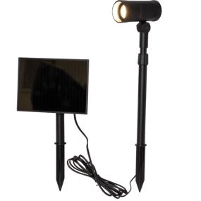 Powerspot Sort solcellelampe Fra Star Trading - Spotlightet med jordspyd og langt kabel til panelet gør det nemt at placere det i direkte sollys, hvilket er nødvendigt for at oplade batterierne.