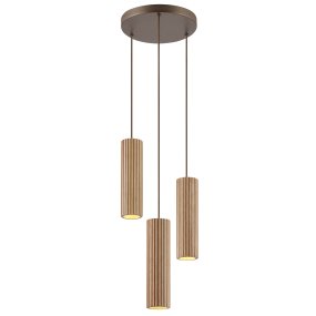 Lakewood Ø28 Træ loftslampe Fra Brilliant - Pendlerne hænger fra en rund baldakin i matchende brunt metal, og højden kan justeres under installationen for at tilpasse sig rummet og det ønskede udtryk.