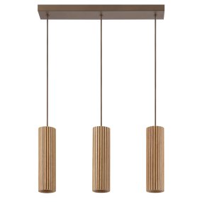 Lakewood 50cm Træ loftslampe Fra Brilliant - De tre pendler er placeret i rækkefølge, og højden kan justeres under installationen for at tilpasse sig rummet og den ønskede placering.