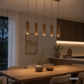 Lakewood 95cm Træ loftslampe Fra Brilliant - De fem pendler er placeret i rækkefølge, og højden kan justeres under installationen for at tilpasse sig rummet og den ønskede placering.