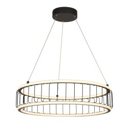 Circolo Ø57 Sand sort loftslampe Fra Searchlight - Med justerbar højde og lavet af sort metal og hvid silikone, denne pendel med en diameter på 58 cm en stilfuld cylindrisk form, der giver både nedadgående og opadgående lys.