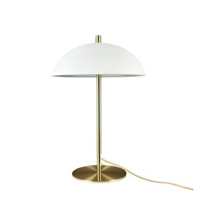 Globus 44cm Messing/beige bordlampe Fra Dyberg Larsen - Lampen er lavet af metal og kombinerer en bl&oslash;d beige tone med detaljer i messingfinish, hvilket giver et harmonisk og moderne udtryk.