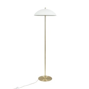 Globus Messing/beige gulvlampe Fra Dyberg Larsen - Lampen er lavet af metal og kombinerer en bl&oslash;d beige tone med detaljer i messingfinish, hvilket giver et harmonisk og moderne udtryk.