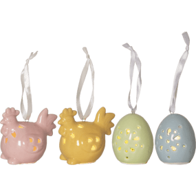 Esther Flerfarvet Fra Star Trading - Dekorativ p&aring;skedekoration i et s&aelig;t med 2 p&aring;skekyllinger og 2 &aelig;g i blank porcel&aelig;n.