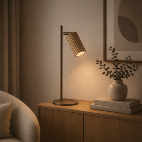 Lakewood 46cm Brun skrivebordslampe Fra Brilliant - Lakewood bordlampe kombinerer brunt metal med lyst, riflet træ og skaber et varmt og naturligt udtryk.