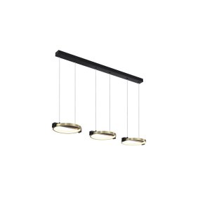 Aerial 106cm Messing/sort Fra Searchlight - Aerial er en stilfuld pendellampe med tre ringe i satineret messingfinish og sorte detaljer, der skaber et moderne og industrielt pr&aelig;g.