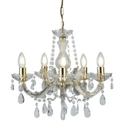 Marie Therese Ø48 Messing loftslampe Fra Searchlight - Den spektakulære og funklende Marie Therese lysekrone med 5 lyspunkter og en poleret messingramme har en aristokratisk stil, der tilføjer en teatralsk følelse til store rum.