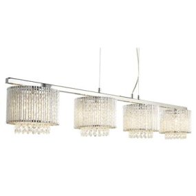 Elise 118cm Krom loftslampe Fra Searchlight - Med sit aflange design og fire skærme er den især ideel til placering over et spisebord, hvor den vil være et naturligt blikfang.