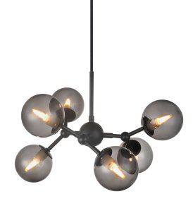 Atom 45cm Sort/røg loftslampe Fra Halo Design - De næsten svævende glaskupler er røgfarvede, hvilket skaber en flot spredning af lys i rummet.