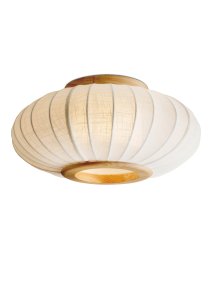 Balloon Ø40 Cremet hvid plafond Fra Halo Design - Den rundede, let flade skærm i cremehvidt, linnedlignende tekstil suppleres af dekorative detaljer i massivt træ, der giver lampen et varmt og harmonisk udtryk.