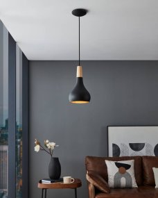 Sabinar Ø18 Sort loftslampe Fra Eglo - Den sorte lampeskærm i kombination med detaljer i træ; giver et stilrent og nordisk udtryk, der passer perfekt over køkkenet, spisebordet eller som dekorativ spotbelysning.