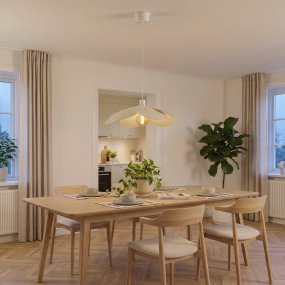 Binacua Ø60 Beige loftslampe Fra Eglo - Tekstilet giver lampen et blødt og hyggeligt udtryk, mens blomsterformen bliver et legende element i rummet.