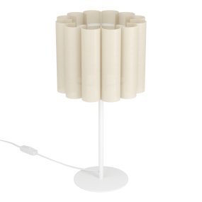 Collegrilli 23cm Beige bordlampe Fra Eglo - Collegrilli bordlampen har en beige tekstilsk&aelig;rm, der efterligner den naturlige struktur af h&oslash;r, og en enkel lampefod i hvidmetal.
