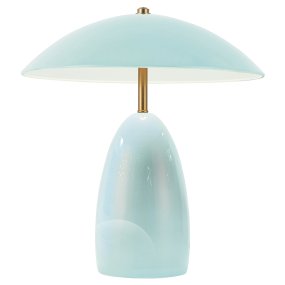 Poppy 35cm Lyseblå Fra Elstead Lighting - Poppy er en dekorativ bordlampe med bl&oslash;de former og en blank sk&aelig;rm kombineret med messingdetaljer.