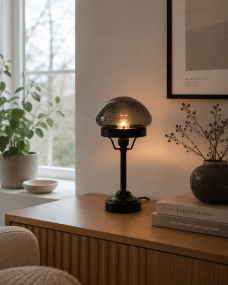 Jas 30cm Sort bordlampe Fra Lampan - Den har en sort metalbase og en kuppelformet lampesk&aelig;rm i r&oslash;get glas, der spreder et bl&oslash;dt og behageligt lys.