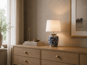 Blomsterlilla 30cm Blå bordlampe Fra Lampan - Smuk bordlampe med dekorativt bl&aring;t og hvidt m&oslash;nster p&aring; porcel&aelig;nsfod med messingdetaljer.