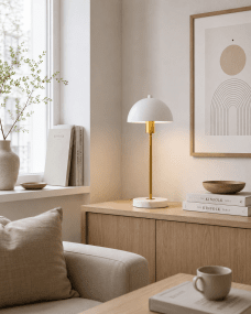 Dito 47cm Hvid bordlampe Fra Nordic Lighting - Den hvide sk&aelig;rm og den naturlige hvide marmorbase skaber et sofistikeret udtryk, mens stangen i skinnende guldfinish tilf&oslash;jer en varm og luksuri&oslash;s fornemmelse.