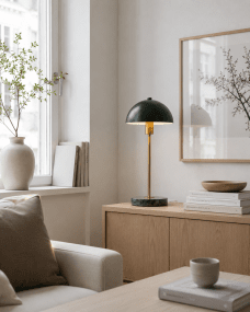 Dito 47cm Grøn bordlampe Fra Nordic Lighting - Den gr&oslash;nne sk&aelig;rm og marmorbasen skaber et sofistikeret udtryk, mens stangen i skinnende guldfinish tilf&oslash;jer en varm og luksuri&oslash;s fornemmelse.