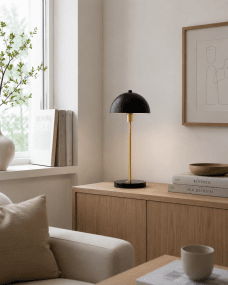 Dito 47cm Sort bordlampe Fra Nordic Lighting - Den sorte sk&aelig;rm og marmorbasen skaber et sofistikeret udtryk, mens stangen i skinnende guldfinish tilf&oslash;jer en varm og luksuri&oslash;s fornemmelse.