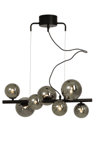 Molekyl 58cm Røg grå loftslampe Fra Aneta Lighting - MOLEKYL moderne stilfuld loftslampe i sortlakeret metal med 7 røgfarvede glaskupler i to forskellige størrelser.
