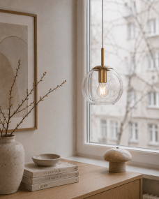 Globi Ø15 Messing/transparent vindueslampe Fra Nordic Lighting - Den transparente glassk&aelig;rm i kombination med det elegante oph&aelig;ng i b&oslash;rstet messingfinish skaber et eksklusivt pr&aelig;g.