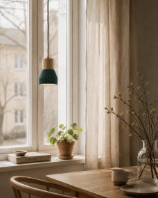 Pepe Ø13 Grøn vindueslampe Fra Nordic Lighting - Kombinationen af tr&aelig; og beton giver et robust og samtidig varmt udtryk, mens den m&oslash;rkegr&oslash;nne, matte farve tilf&oslash;jer en rolig og trendy fornemmelse.