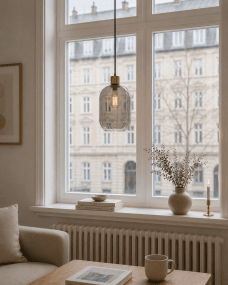 Origo Ø20 Røgfarvet vindueslampe Fra Lampan - Sk&aelig;rmen i r&oslash;gfarvet glas giver et bl&oslash;dt og atmosf&aelig;risk lys, mens detaljerne i mat guldfinish tilf&oslash;jer en varm og eksklusiv f&oslash;lelse.