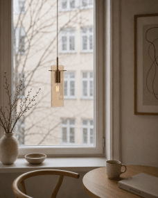 Cilinda Ø7 Messing/rav vindueslampe Fra Nordic Lighting - Det ravfarvede glas skaber en flot lysspredning, og i kombination med de antikke messingdetaljer bliver den en stilfuld indretningsdetalje.