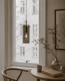 Cilinda Ø7 Messing/røget vindueslampe Fra Nordic Lighting - Det r&oslash;gede glas skaber en flot spredning af lys og i kombination med messingdetaljerne bliver det til en stilfuld indretningsdetalje.