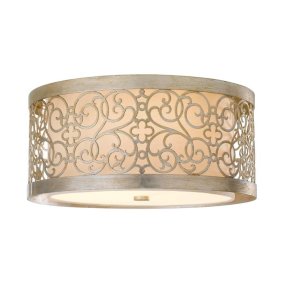 Arabesque Ø38 Sølv Fra Elstead Lighting - Indeni er der en lukket lampesk&aelig;rm i linned i cremehvid og en bundplade i hvidt glas, der giver et j&aelig;vnt og bl&aelig;ndfrit lys.