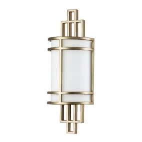Fusion 38cm Messing væglampe Fra Elstead Lighting - Armaturet har en dekorativ vægplade og en række ydre stænger, der holder en cylindrisk ramme.