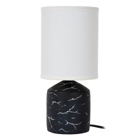 Fran 30cm Sort bordlampe Fra Lucide - Det hvide, uregelmæssige mønster på foden giver et marmoreret udseende og skaber en flot kontrast mod den mørke overflade.