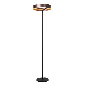 Leonard Brun gulvlampe Fra Lucide - Den cirkul&aelig;re sk&aelig;rm har en elegant metallisk brun finish og en integreret LED-strip p&aring; indersiden, der spreder et kraftfuldt og behageligt lys nedad.